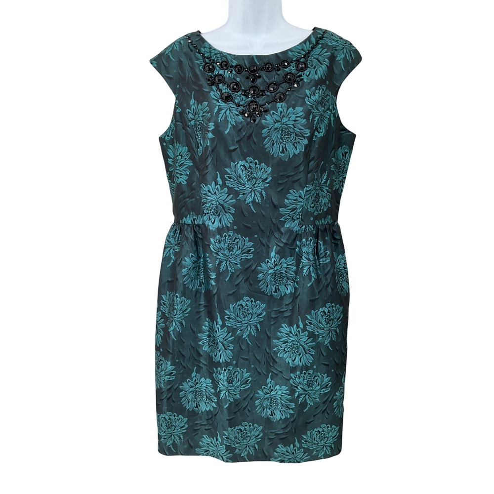 Jessica Howard Dress Womens 14 Teal Floral Beaded Jacquard Classic Cocktail Luxe
